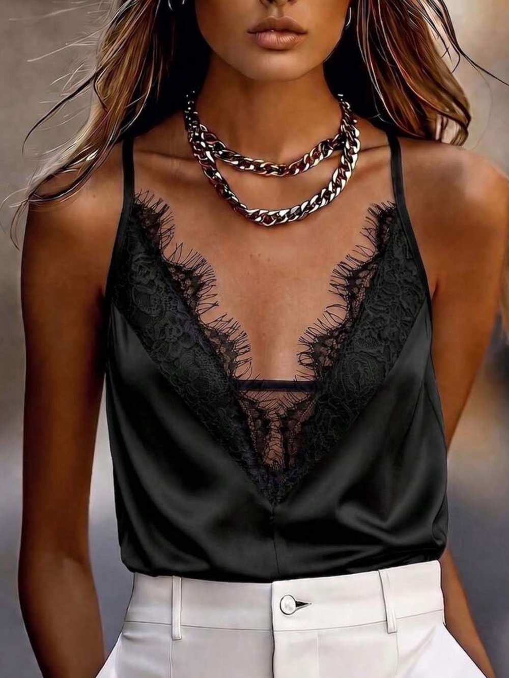 Black Lace Trim Satin Cami Top - Women